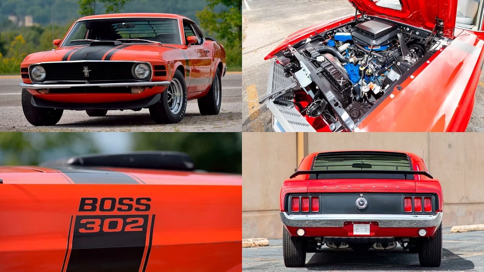 Ford Boss 302 Mustang in Red color, front, rear view, engine