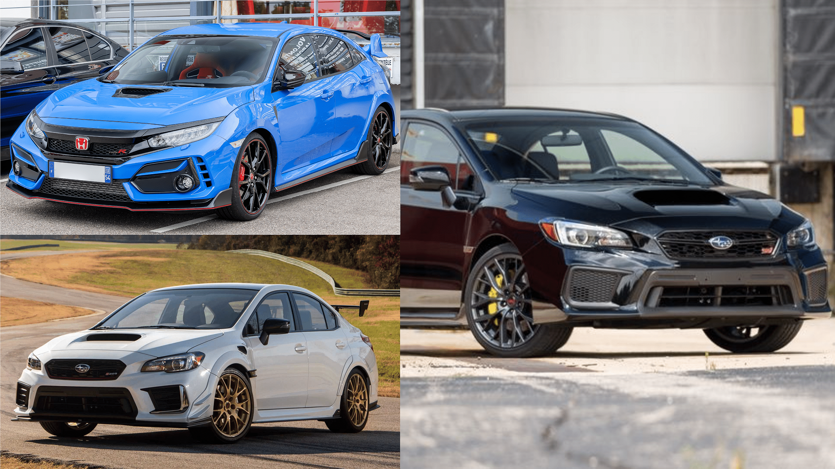 Blue Honda Civic Type-R front view, White and Black Subaru WRX STI front view