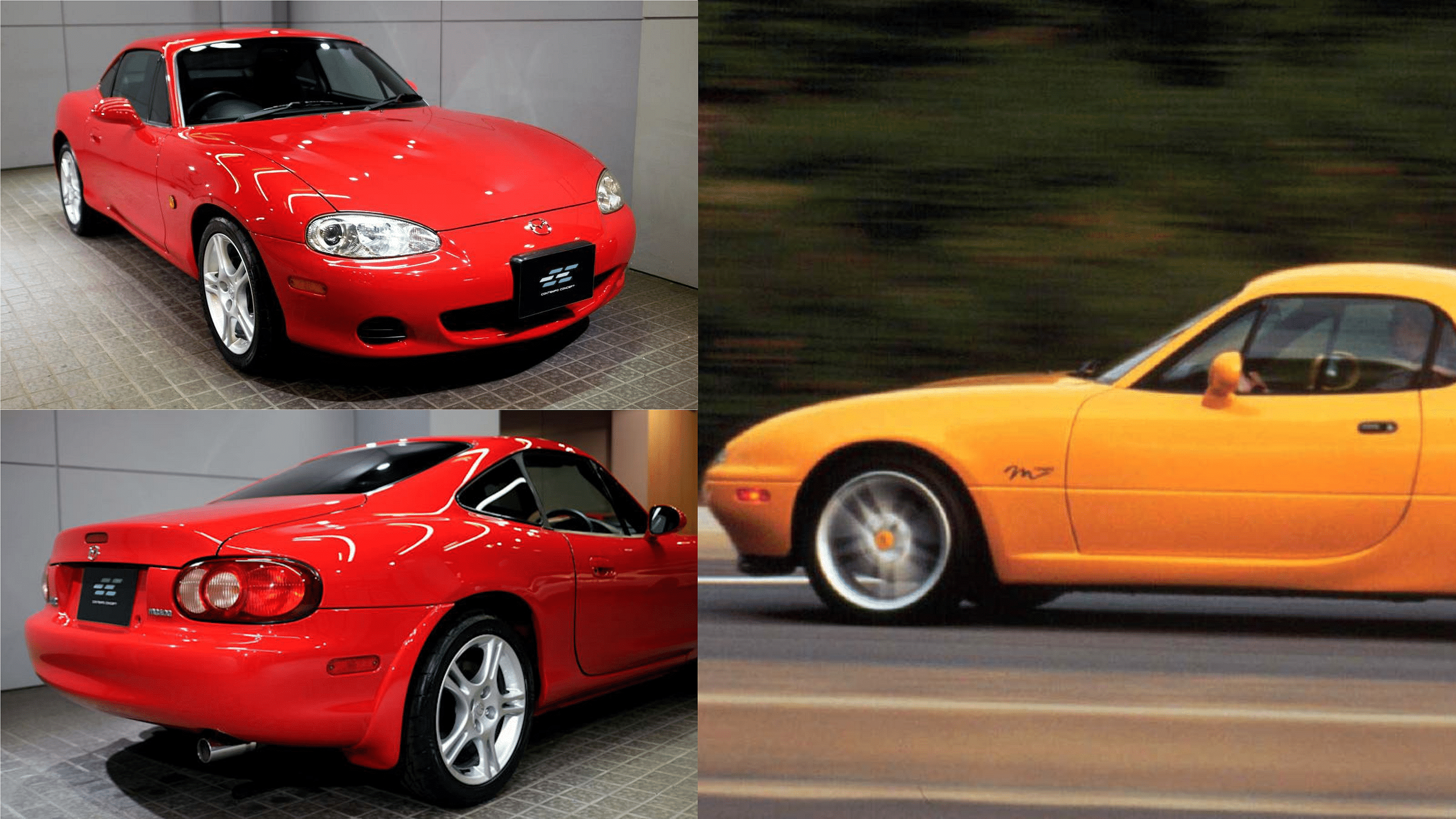 Mazda MX-5 Coupe in Red and Yellow - front, side, rear view