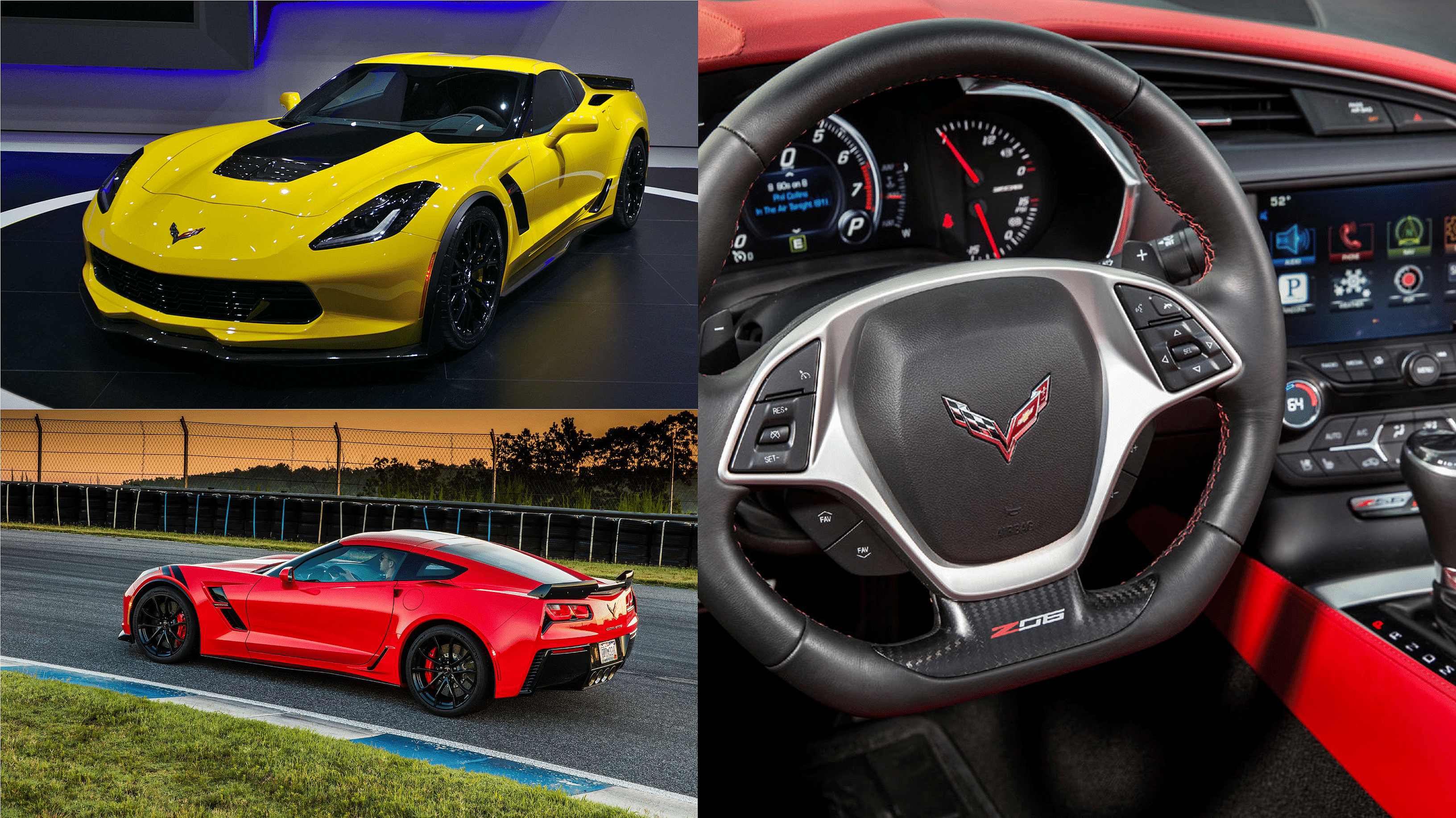 2015 Yellow Chevy Corvette Z06, 2017 Chevrolet Corvette Coupe Grand Sport and its dashboard