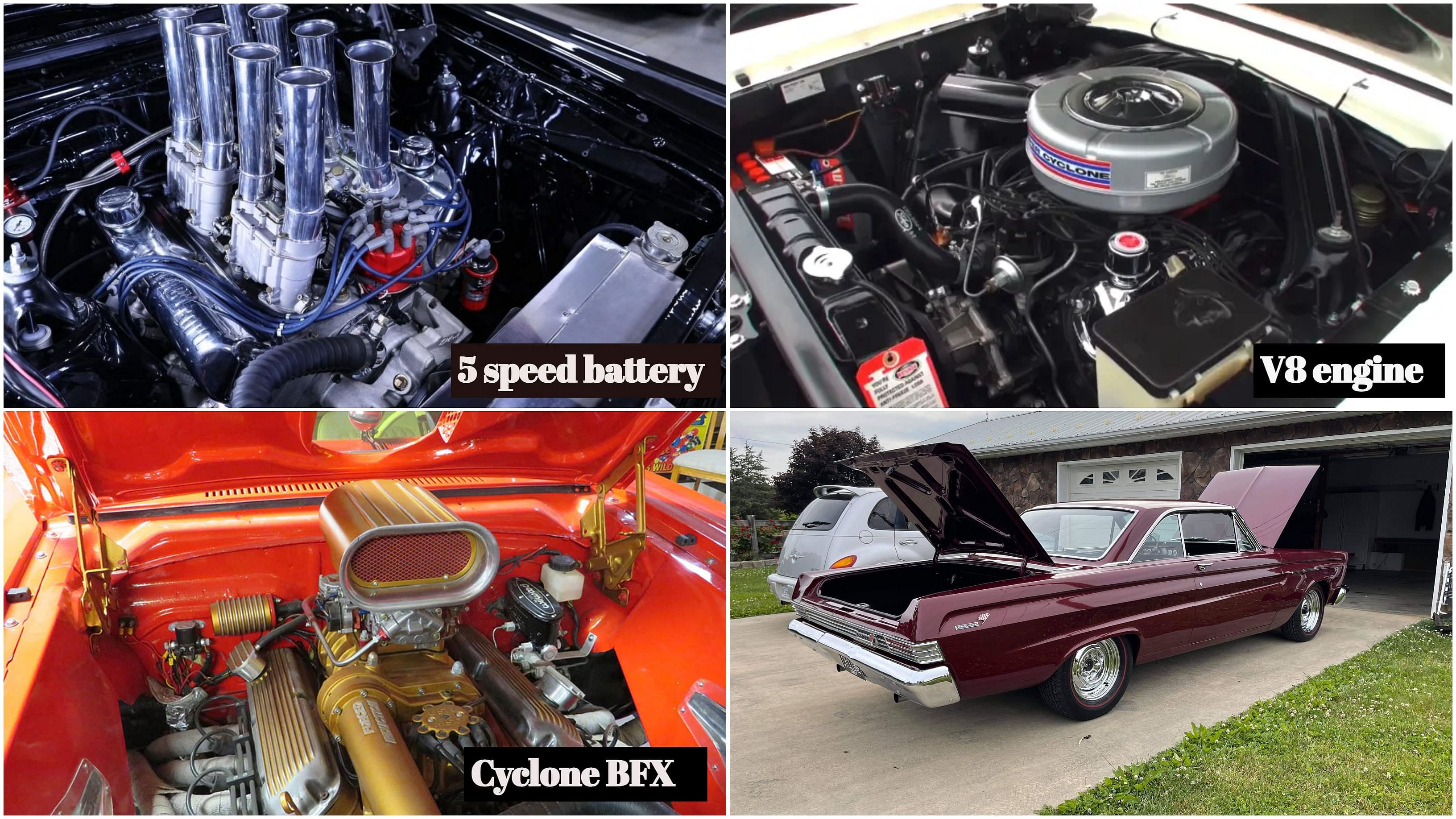 1965 Mercury Comet Cyclone engine variants - 5-speed battery, V8 engine, Cyclone BFX