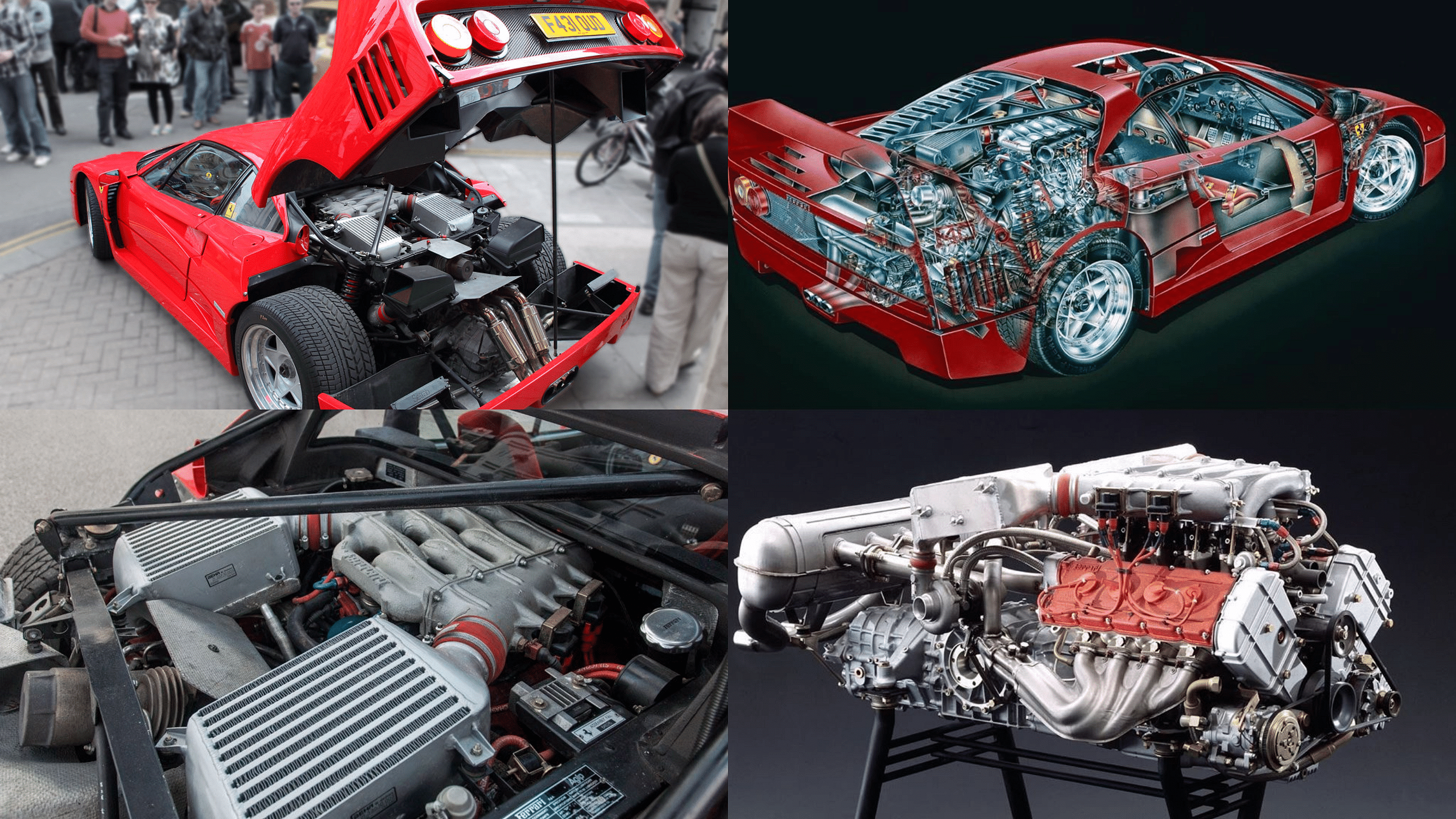 Red Ferrari F40 - engine, diagrams, engine bay