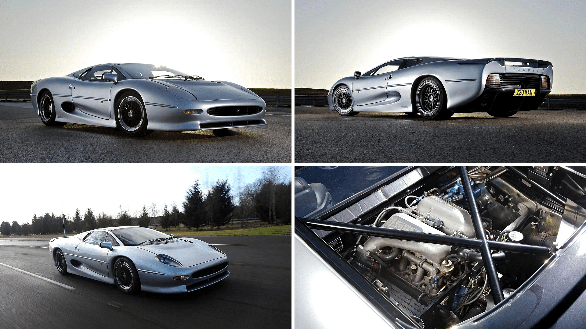 Silver Jaguar XJ220 - front, side, rear view, engine