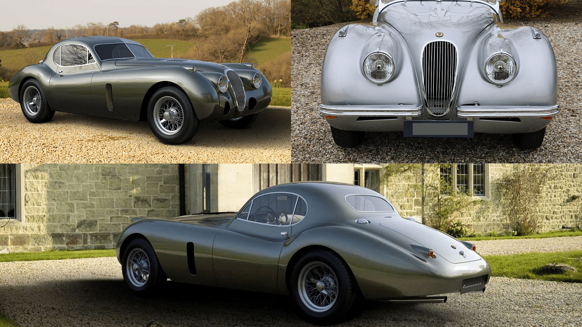 The Jaguar XK120 exterior, side view, front grille, rear-side view