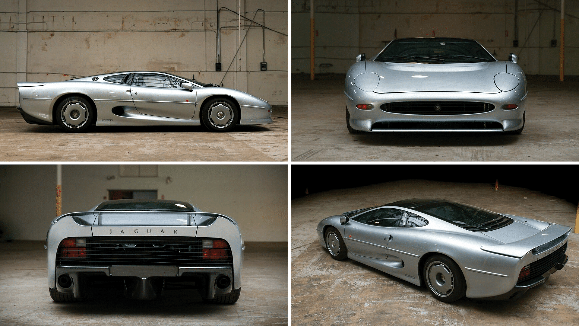 Silver Jaguar XJ220 - side, front, rear view