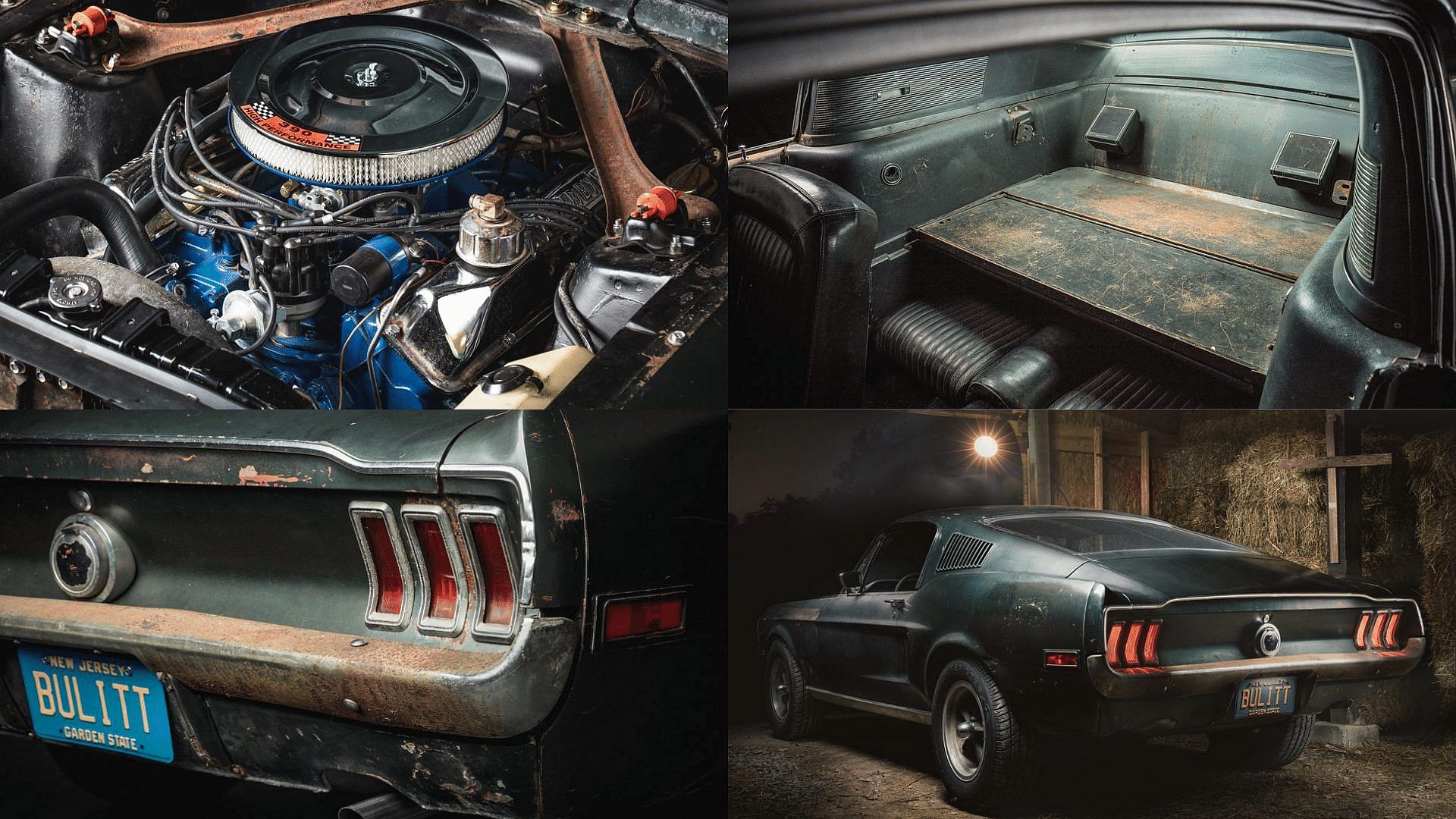 1967 Ford Bullitt Mustang engine, taillights, cargo space, rear view