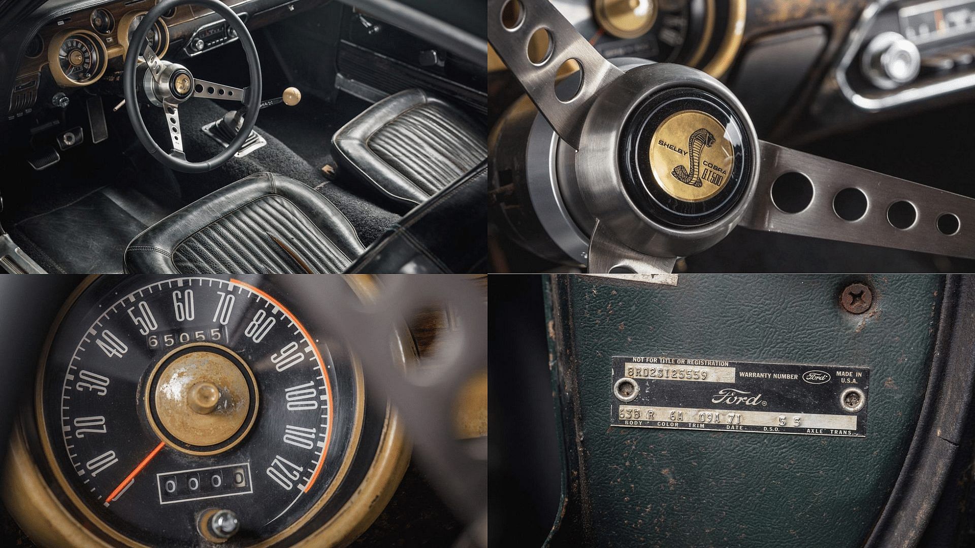 1967 Ford Bullitt Mustang cabin, steering wheel, speedometer, VIN number