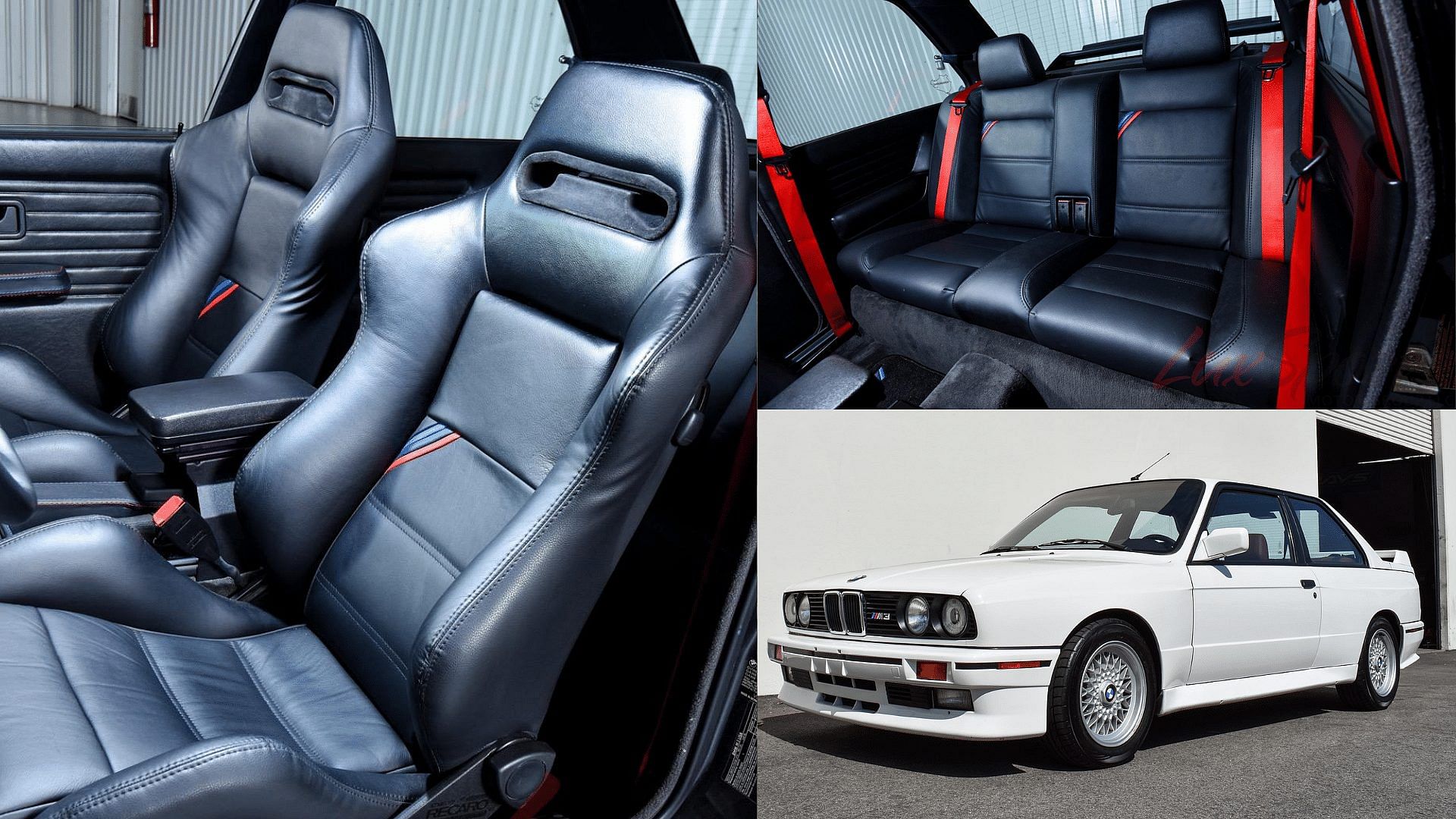 White BMW E30 M3 - front view, front seats, rear seats