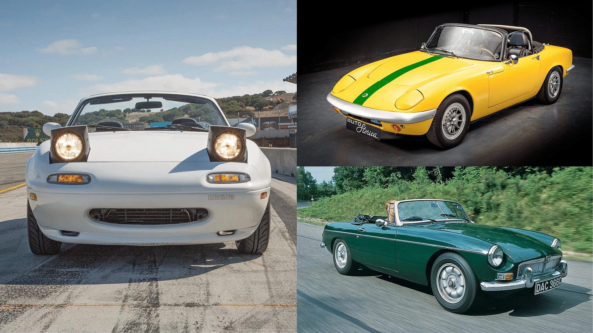 Yellow Lotus Elan, Green MG MGB, Mazda MX-5 Miata front facia and pop-up headlights