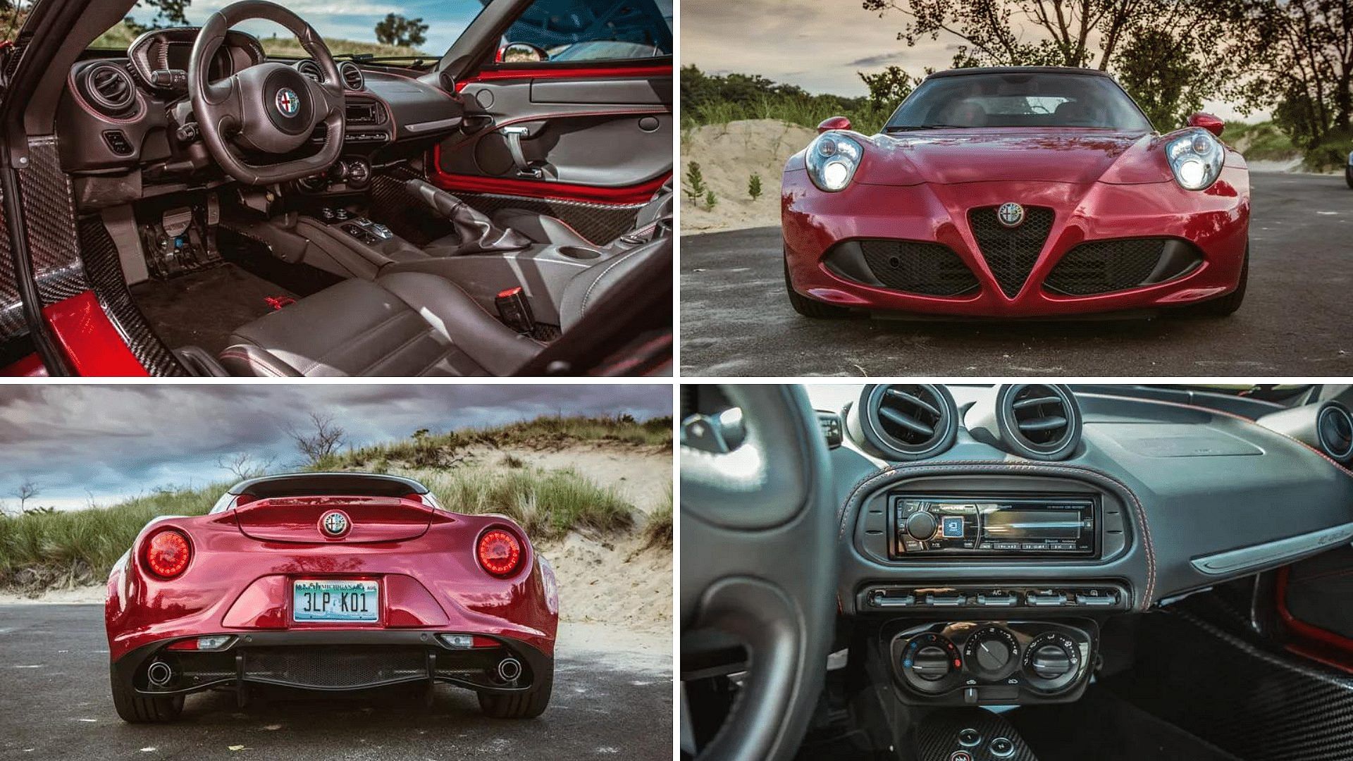 Red 2011 Alfa Romeo 4C - dashboard, interior, front grille, rear bumper, exhaust