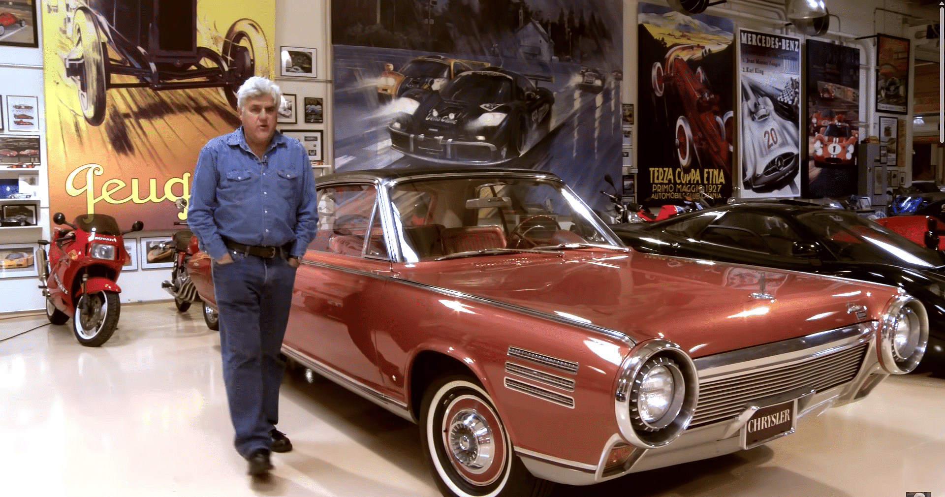 Jay Leno With an Orange 1963 Chrysler Turbine Car Front Profile