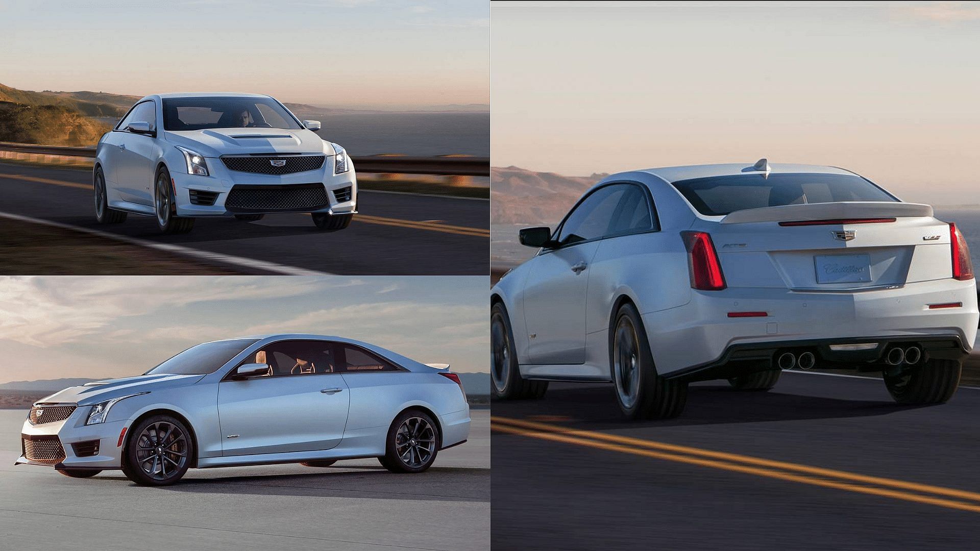 white 2019 Cadillac ATS-V coupe front, side, and back views