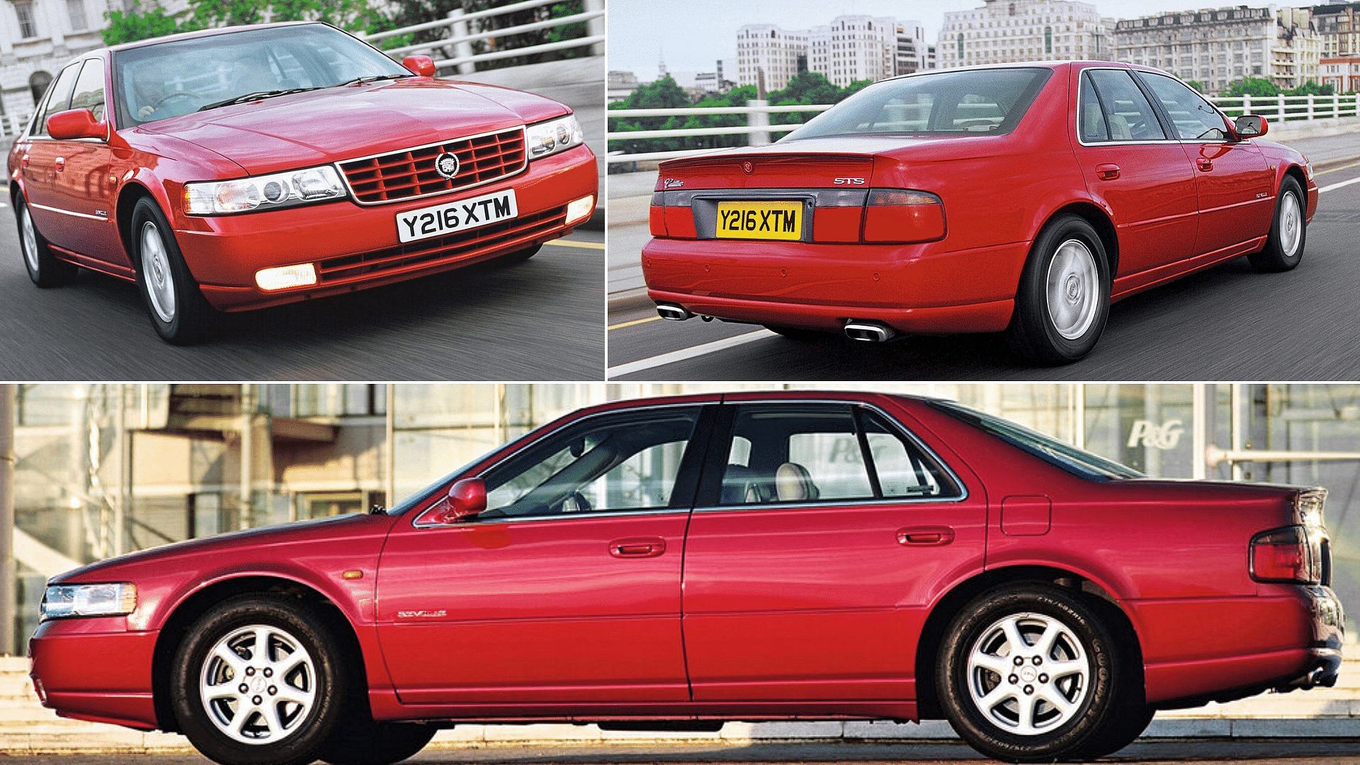 Red 2000 Cadillac Seville STS front, side, and back views