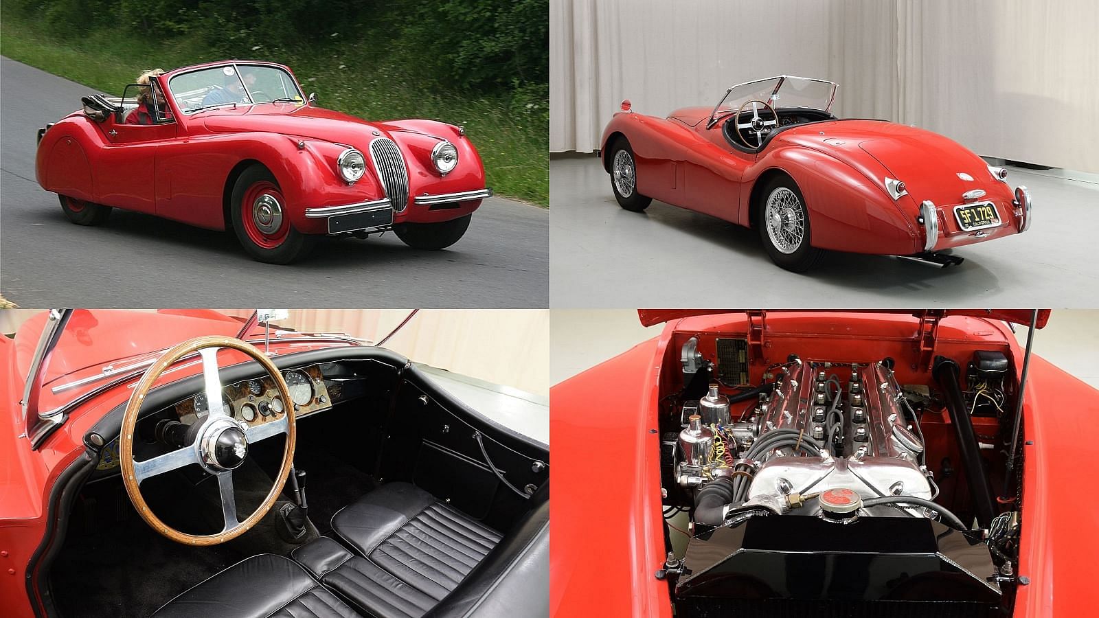 Red 1949 Jaguar XK120  front rear, interior and engine