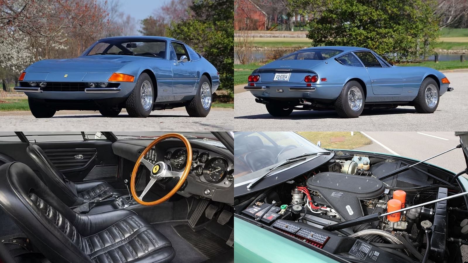 Blue 1968 Ferrari 365 GTB/4 Daytona front, rear, interior and engine