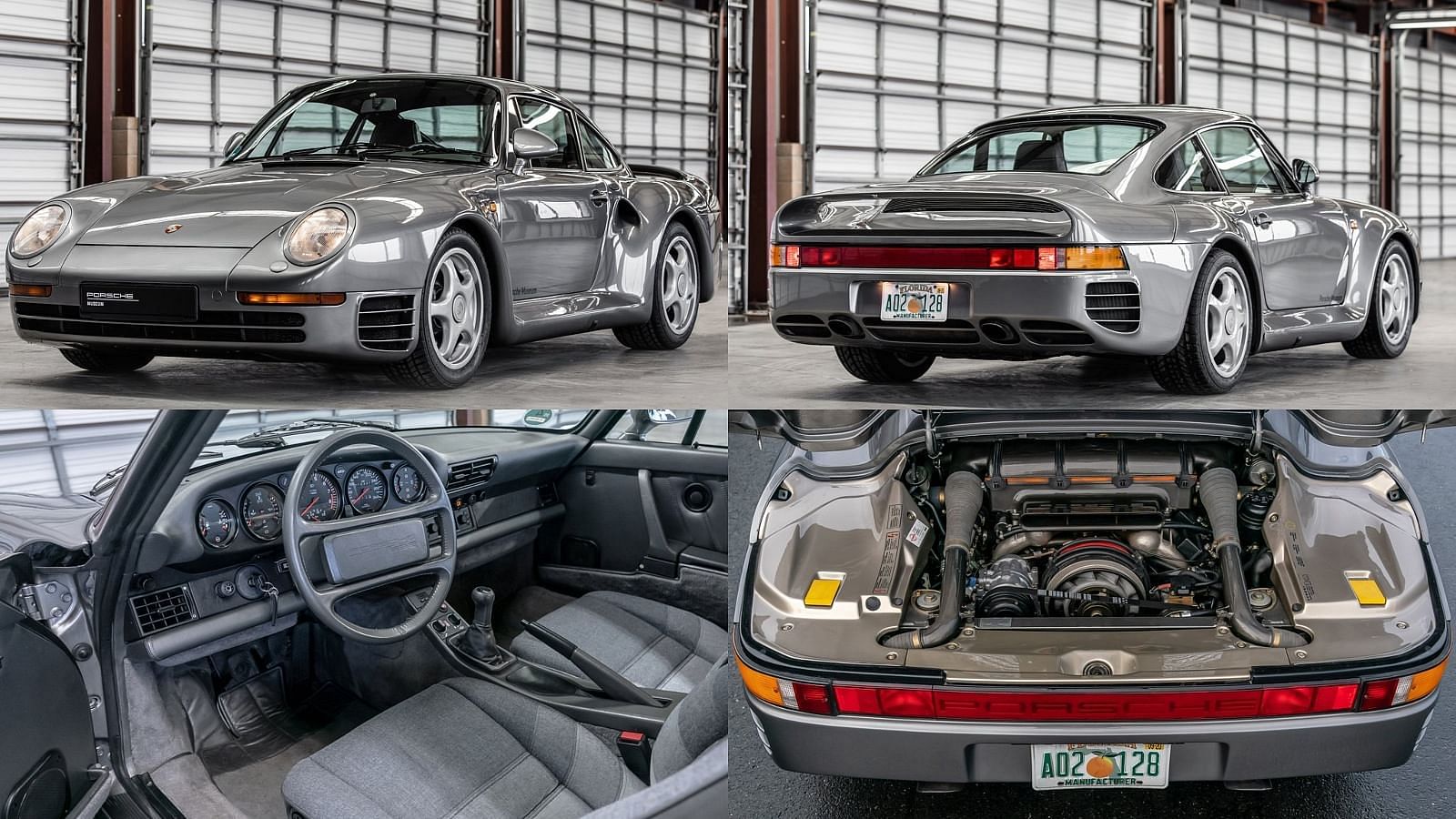 Grey 1986 Porsche 959 front, rear, cabin and engine