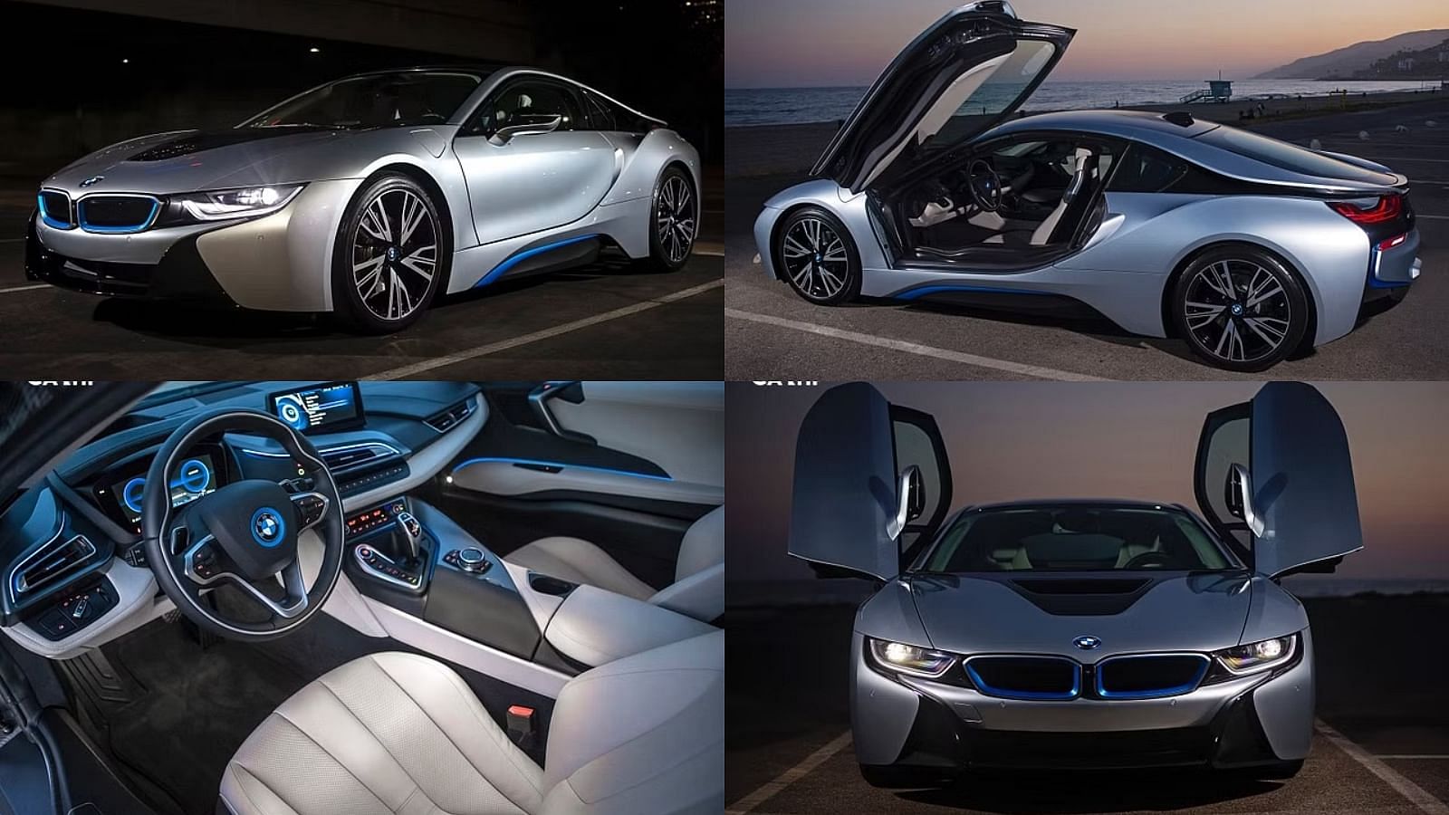 A collage consisting of the front end with doors opened, the front quarter, and the side view with the doors opened of a silver 2014 BMW i8, along with the interior.