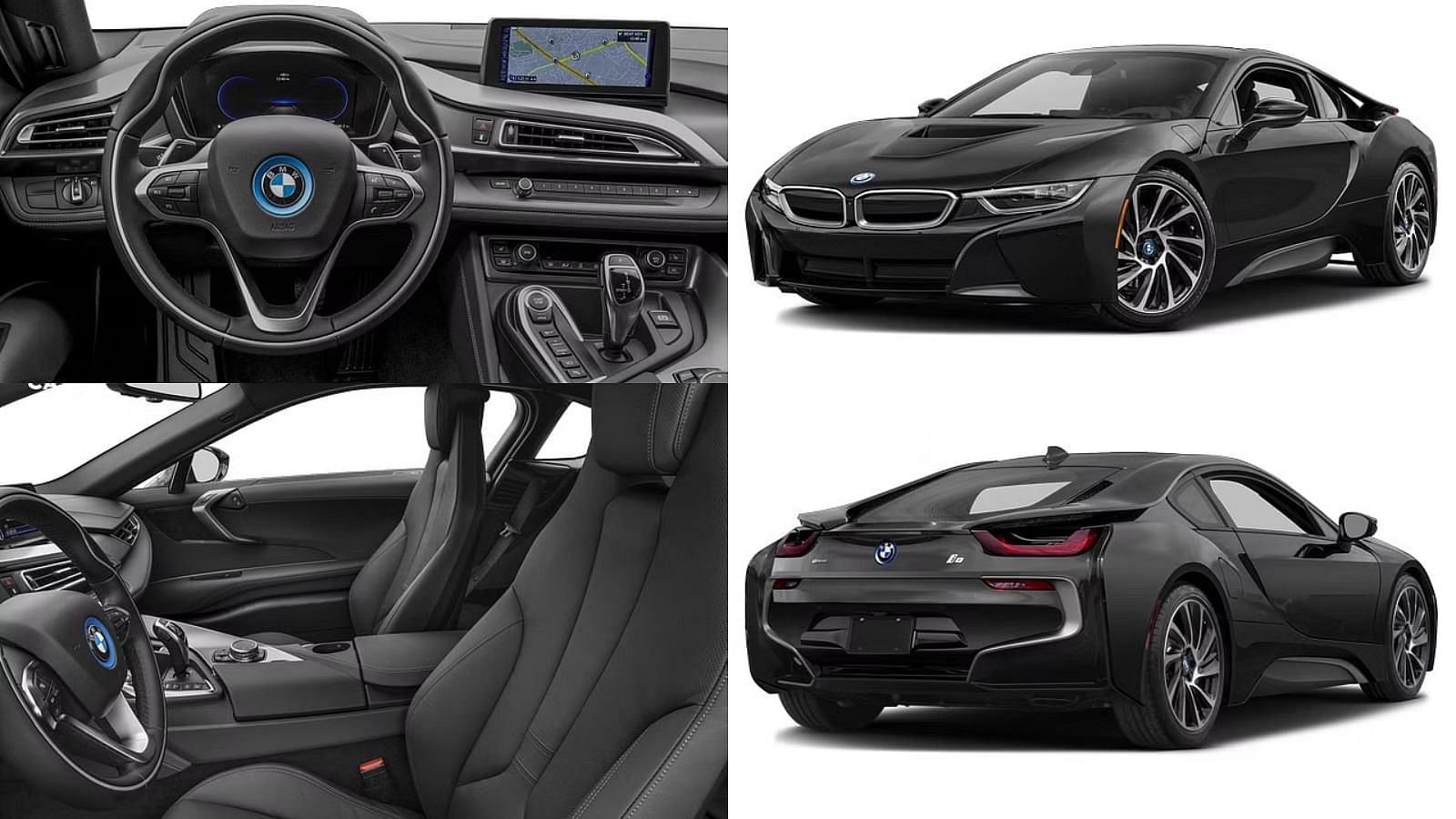 A collage consisting of the front quarter and the rear quarter of a black 2015 BMW i8, along with the interior.