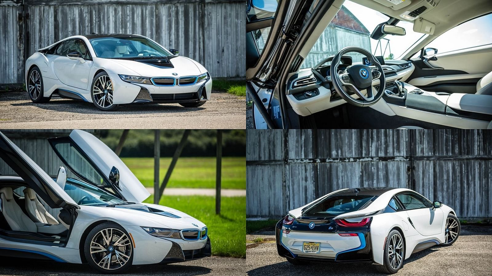 A collage consisting of the front quarter, rear quarter, and the front side with doors opened of a white 2016 BMW i8, along with the interior.