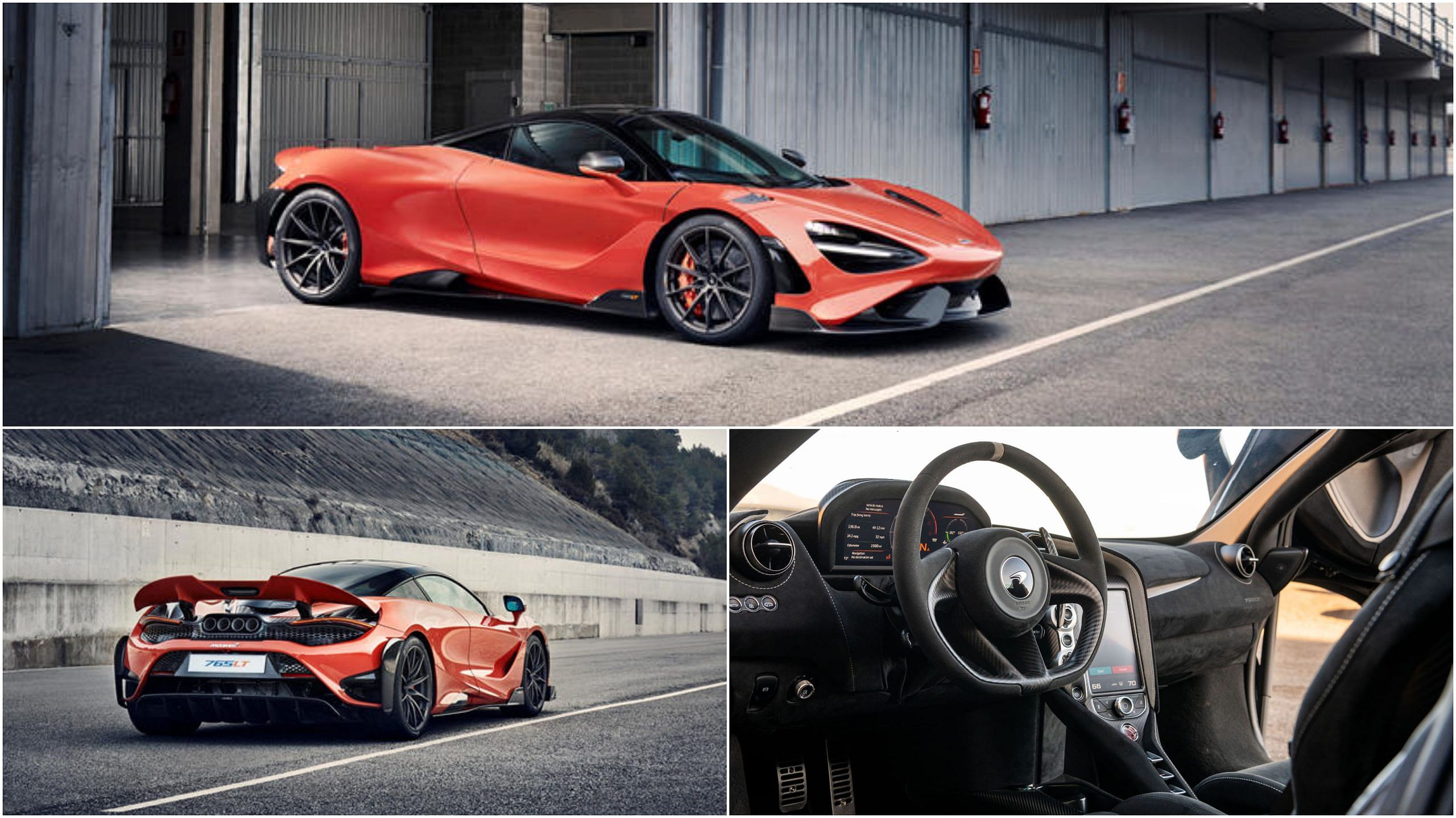 Orange 2021 McLaren 765LT side, rear and interior view