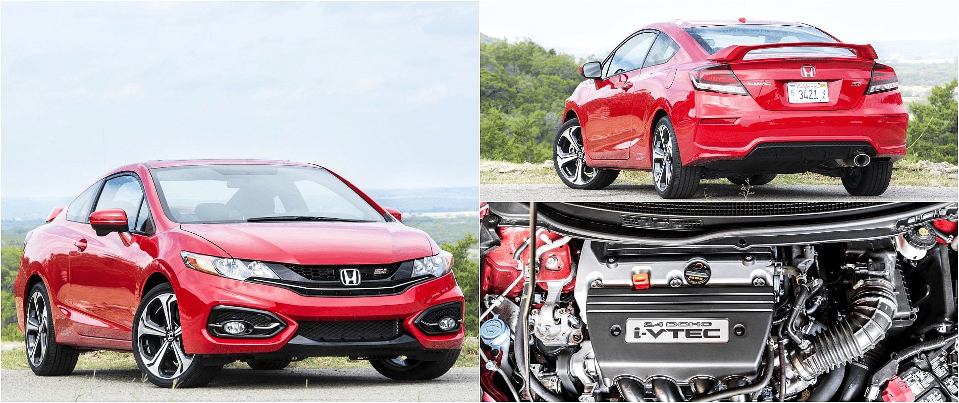 Red 2015 Honda Civic Si Coupe front, rear, and engine view