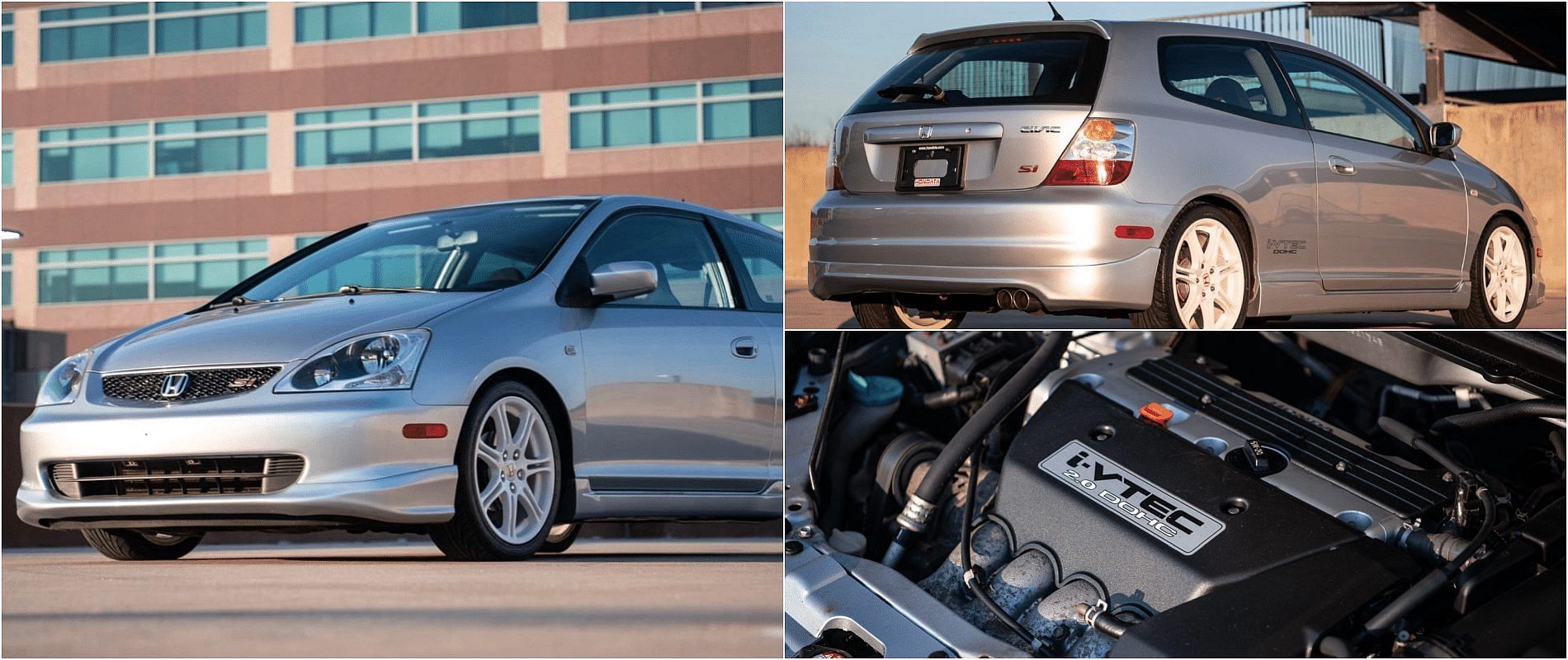 Silver 2005 Honda Civic Si front, rear, and engine view