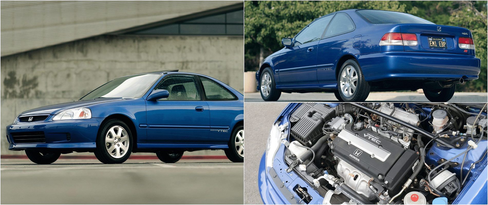 Blue 1999 Honda Civic Si front, rear, and engine view