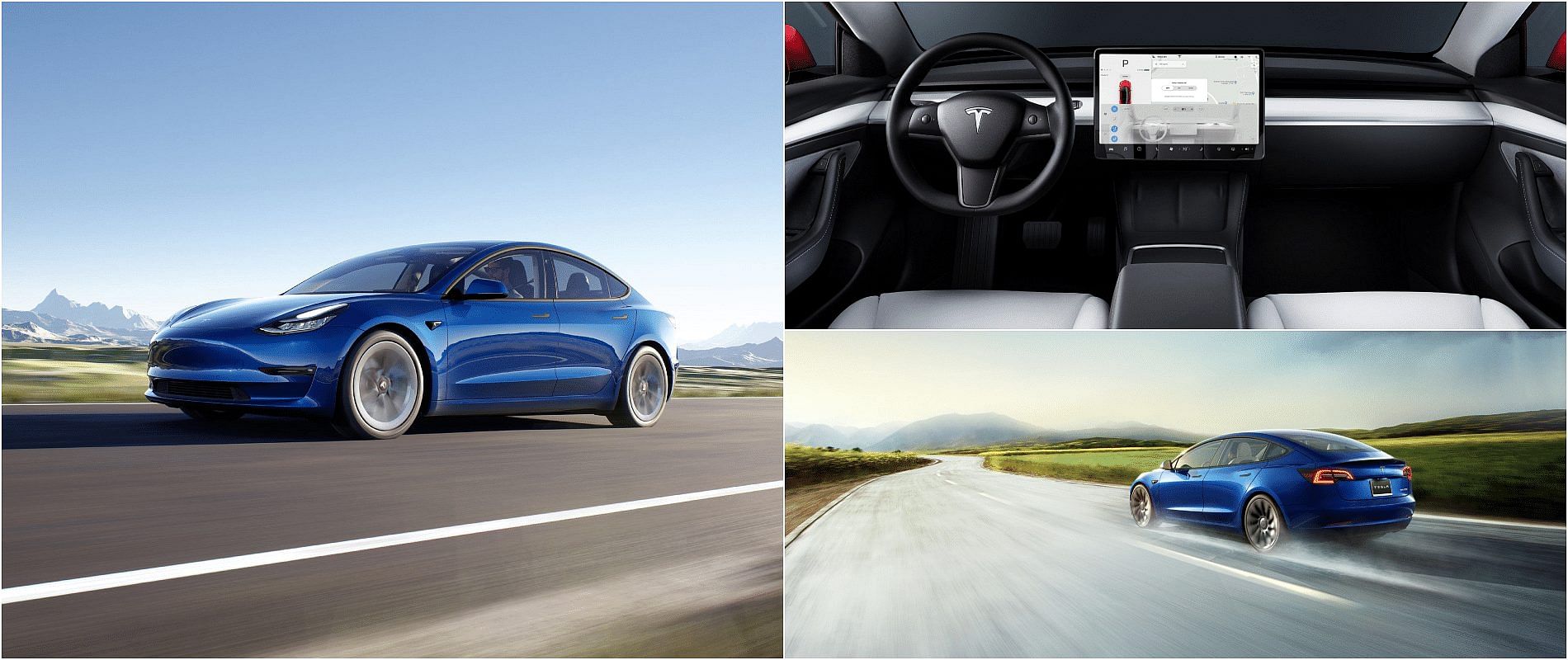 Blue 2022 Tesla Model 3 Performance front, rear and interior view