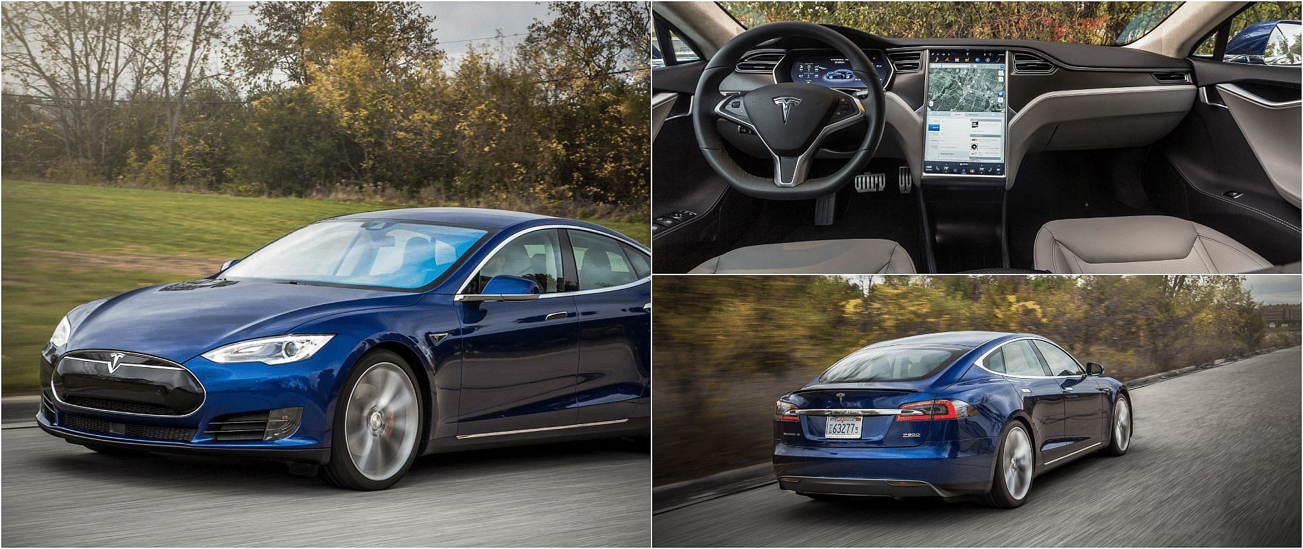 Blue 2015 Tesla Model S P90D front, rear and interior view