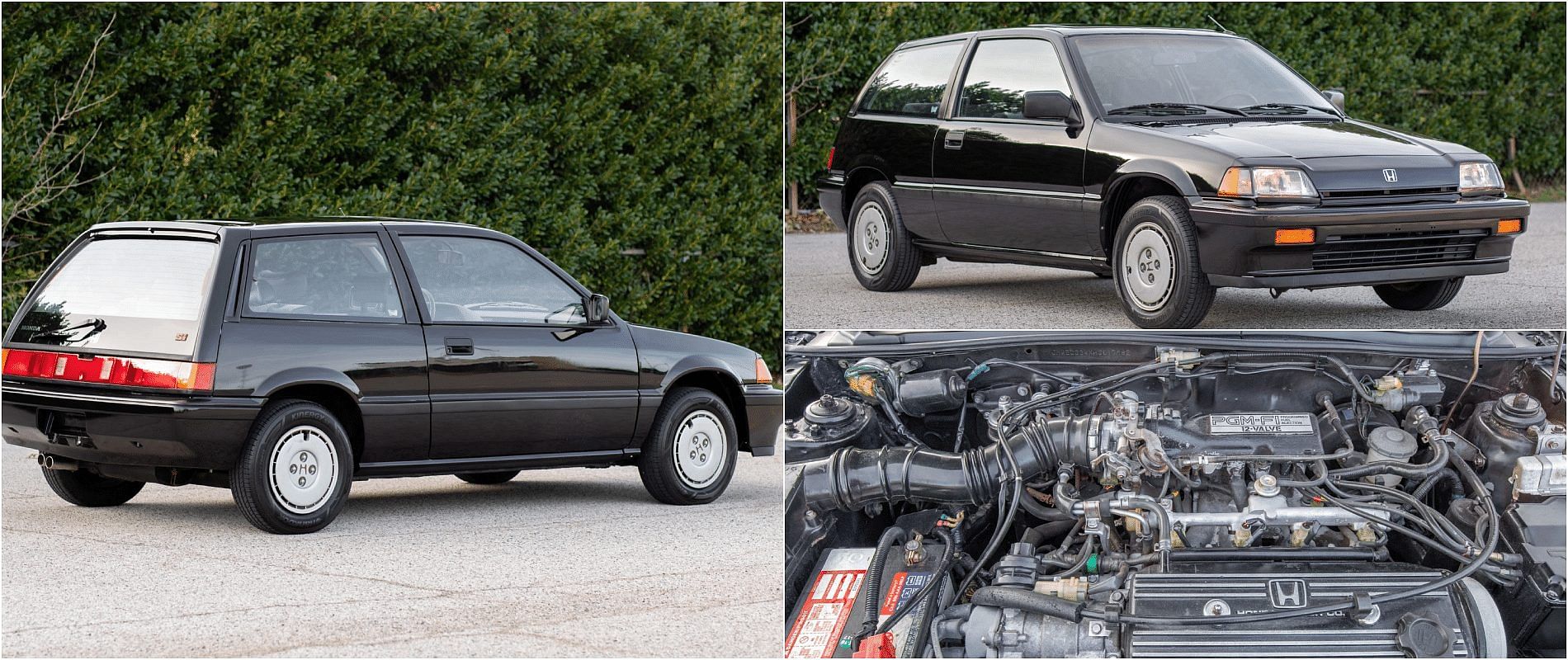 Black 1987 Hpnda Civic Si front, rear and engine view