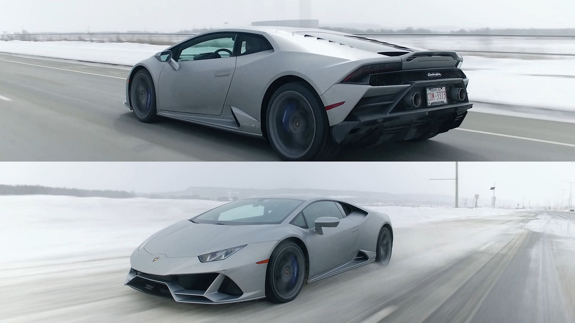 2020 Nardo Grey Lamborghini Huracan EVO Coupe front, rear view