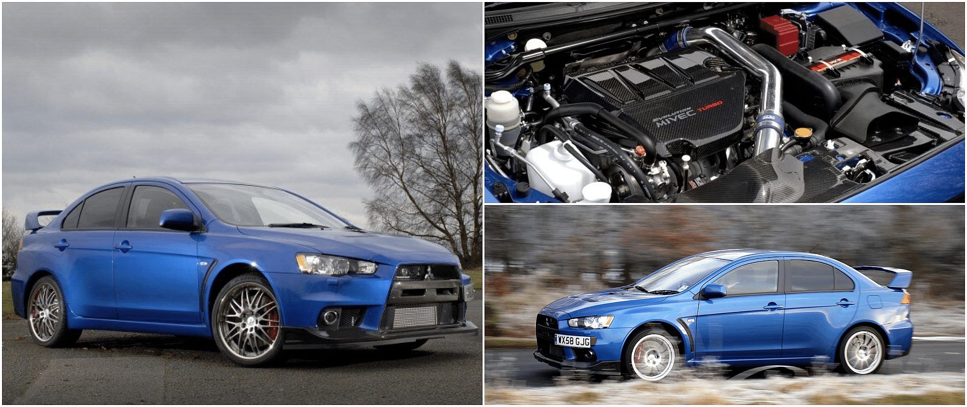 Blue 2008 Mitsubishi Lancer Evolution X FQ 360 front, side and engine view