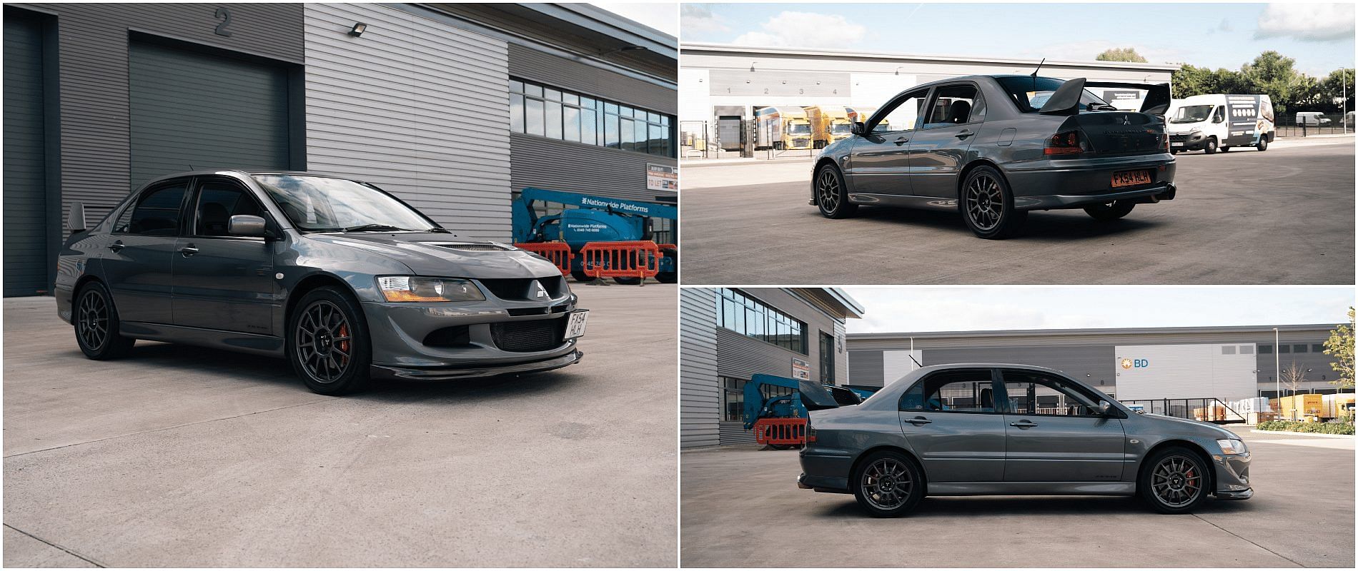 Grey 2004 Mitsubishi Lancer Evolution VIII FQ 340 front, rear and side view