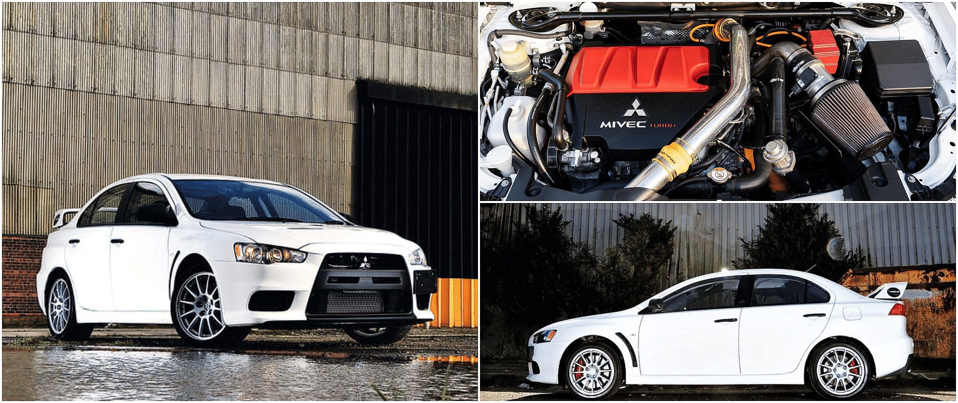 White 2014 Mitsubishi Lancer Evolution X FQ 440 front, side, and engine view