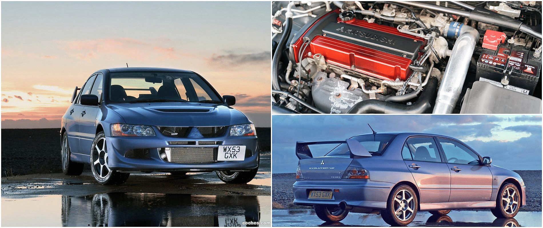 Blue 2004 Mitsubishi Lancer Evolution VIII FQ 330 front, rear and engine view