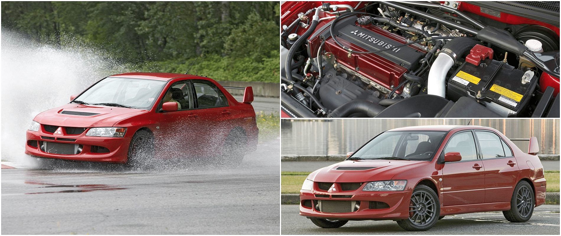 Red 2005 Mitsubishi Lancer Evolution MR front, side, and engine view