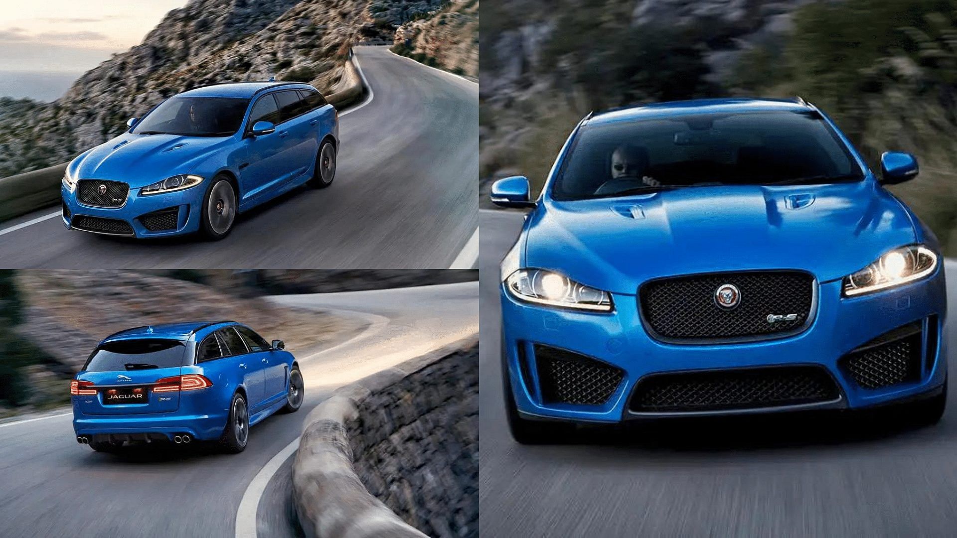 Blue 2014 Jaguar XFR-S front, side, and rear view