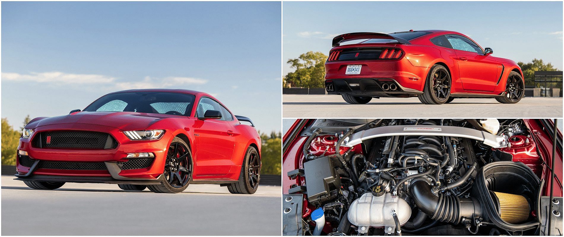 Red 2020 Shelby Mustang GT350R coupe front, rear, and engine view