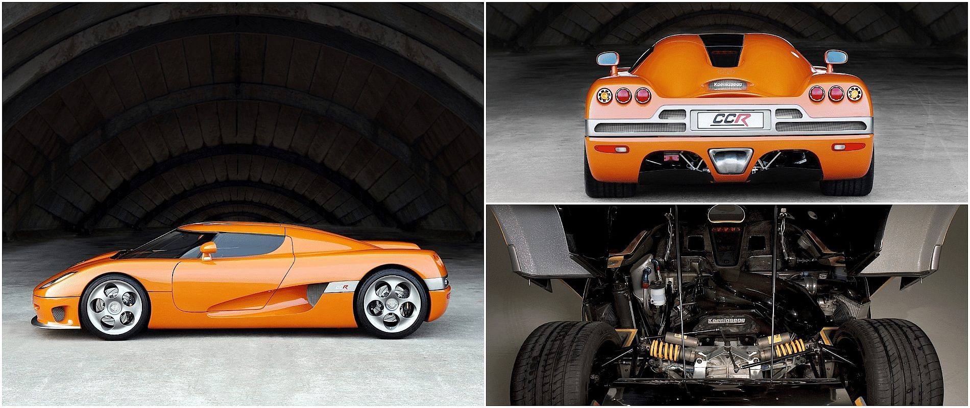 Orange 2006 Koenigsegg CCR side, rear, and engine view