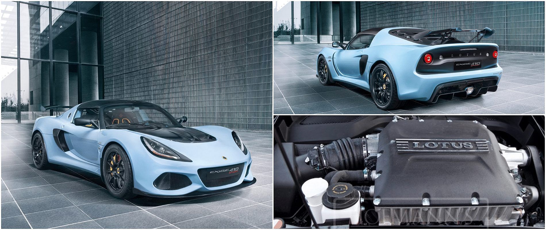 Blue 2018 Lotus Exige Sport 410 front, rear, and engine view