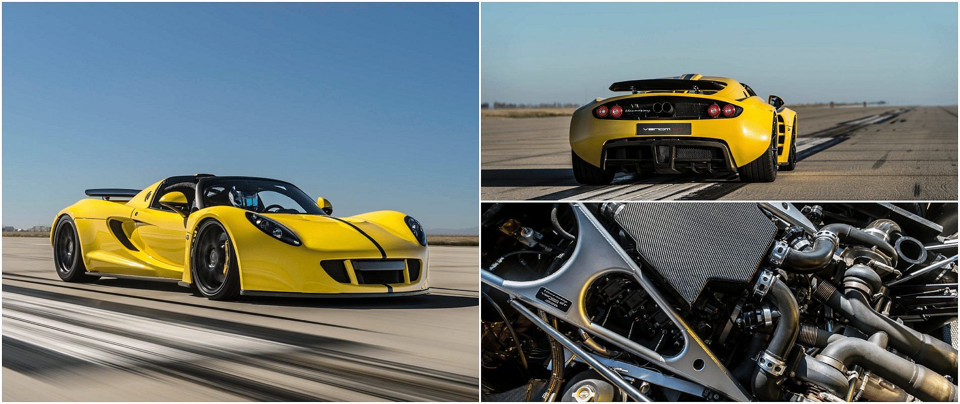 Yellow 2016 Hennessey Venom GT Spyder front, rear, and engine view