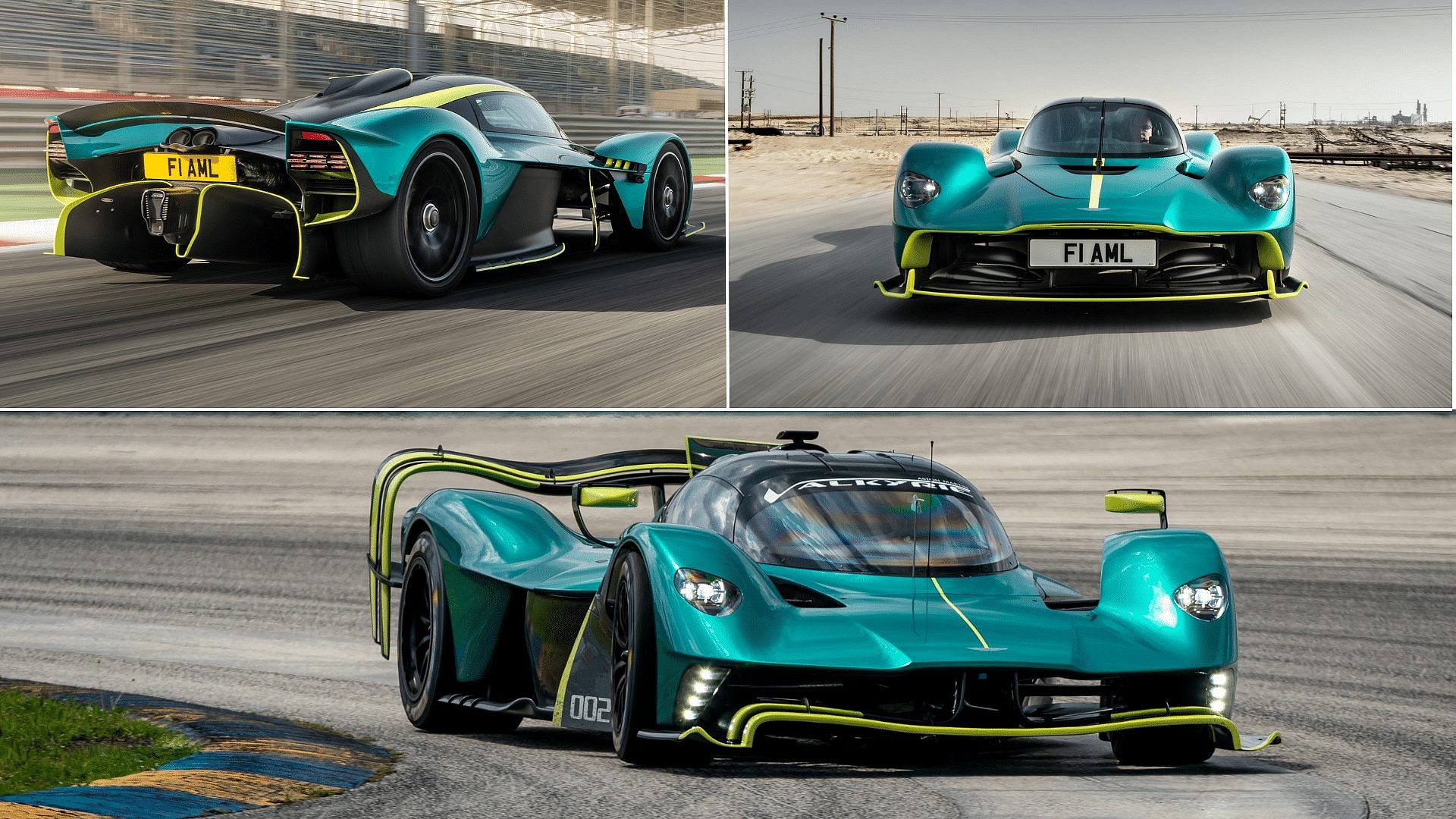 Green 2022 Aston Martin Valkyrie coupe front, side, and rear view