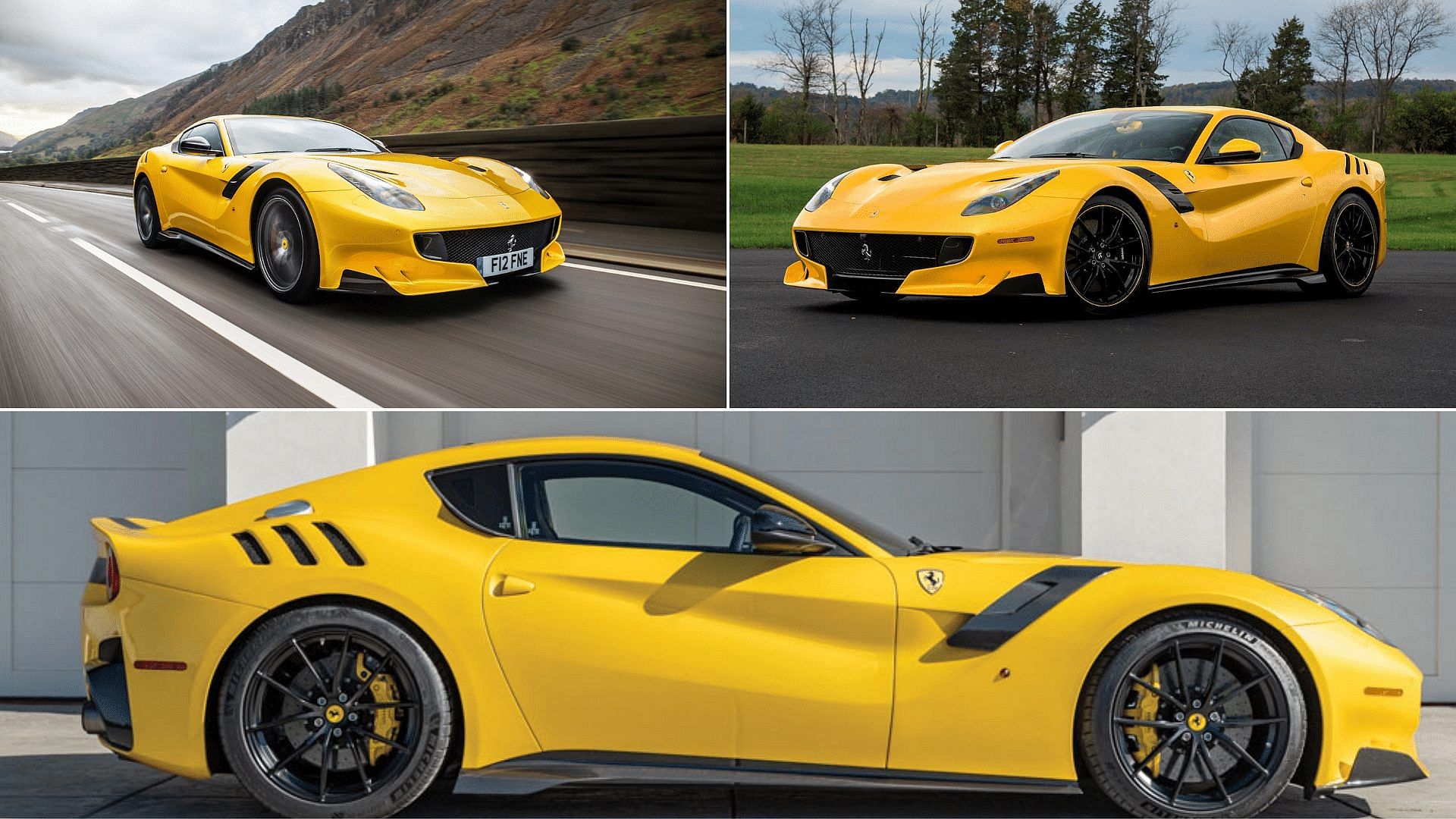 Yellow Ferrari F12 TDF front and side view