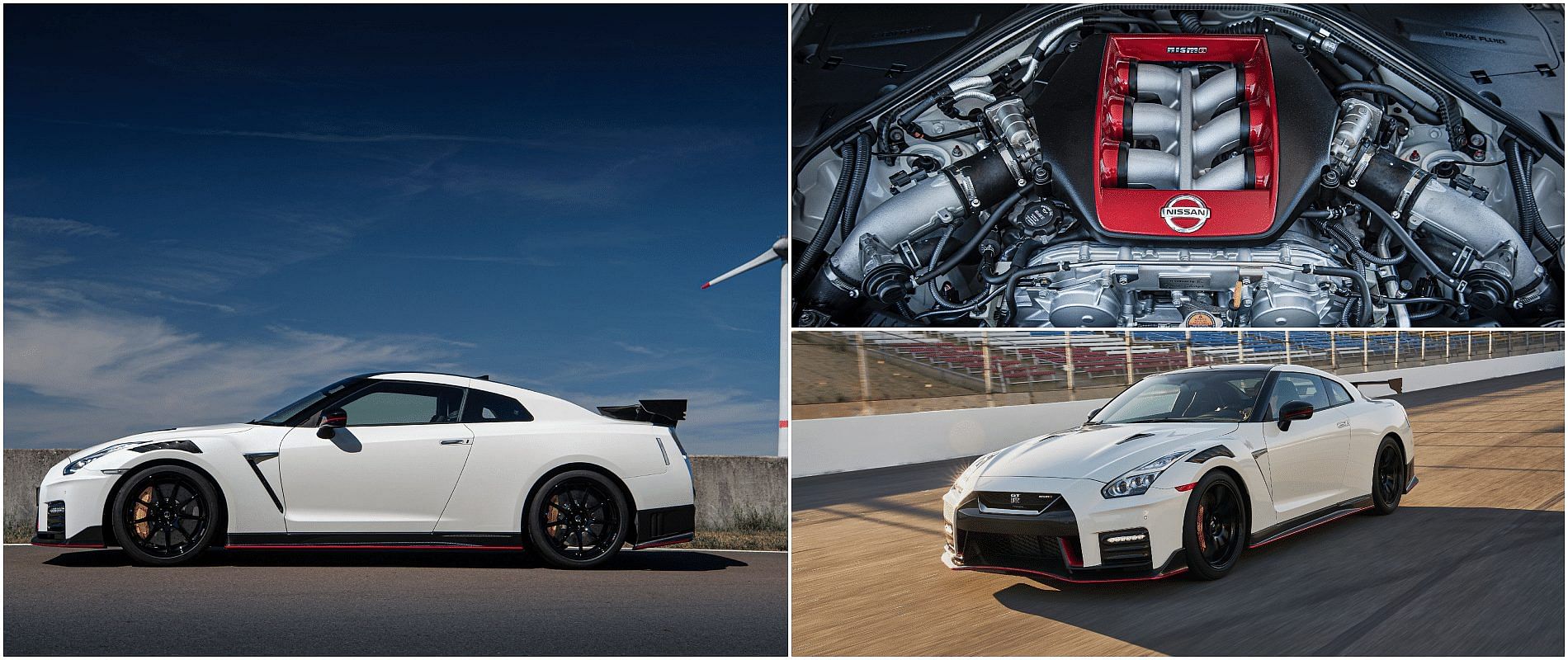 White Nissan GT-R R35 Nismo front, rear and engine view