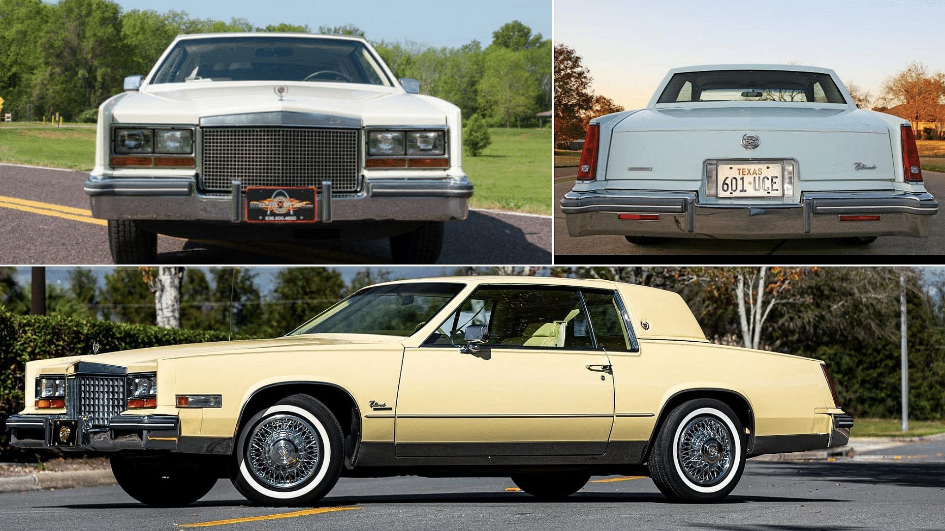 White 1980 Cadillac Eldorado front, side, and rear view