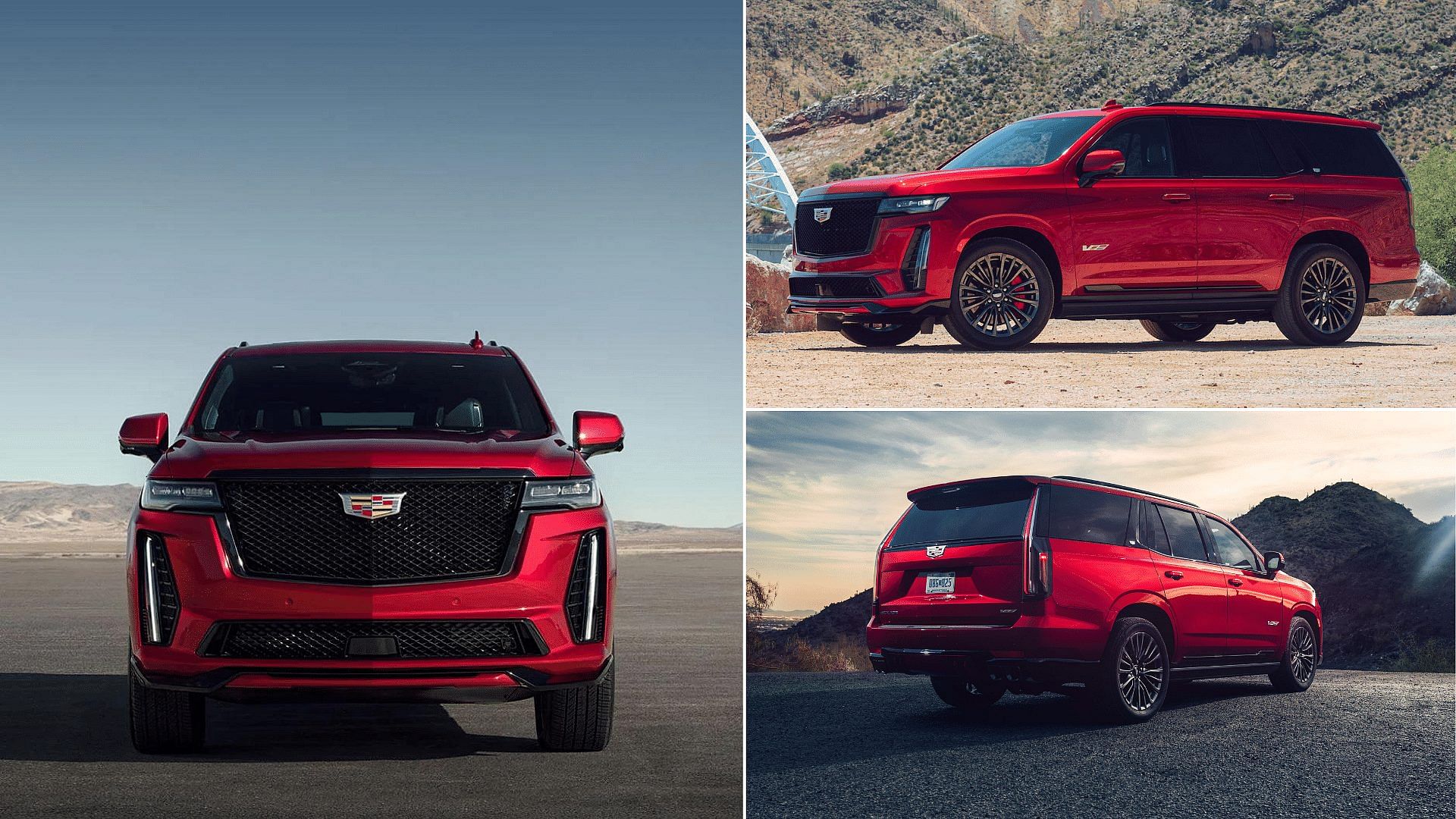 Red 2023 Cadillac Escalade V SUV front, side, and rear views