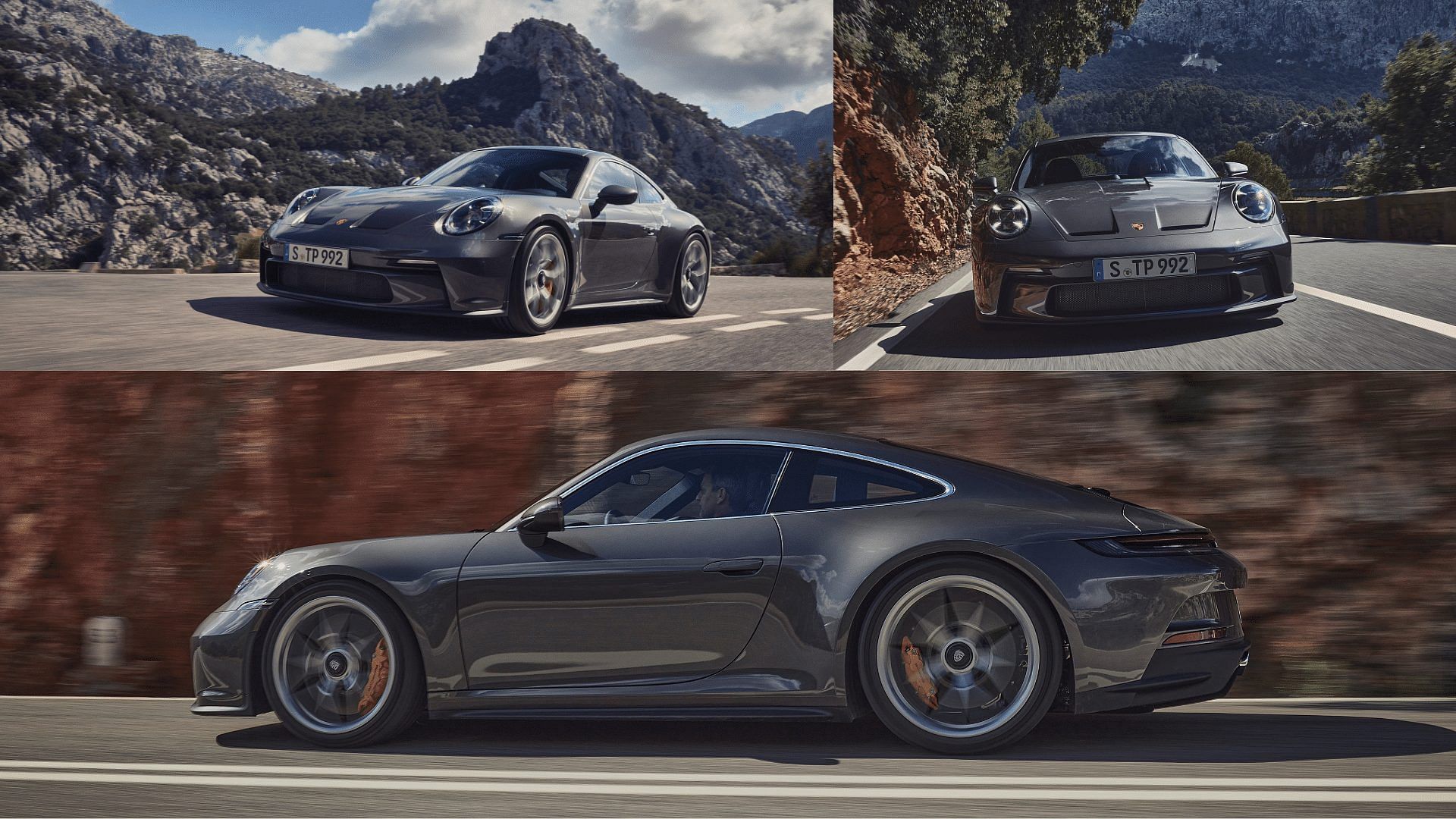 Front Side and Back Profile of A Dark Grey 2023 Porsche 911 GT3 with Touring Kit